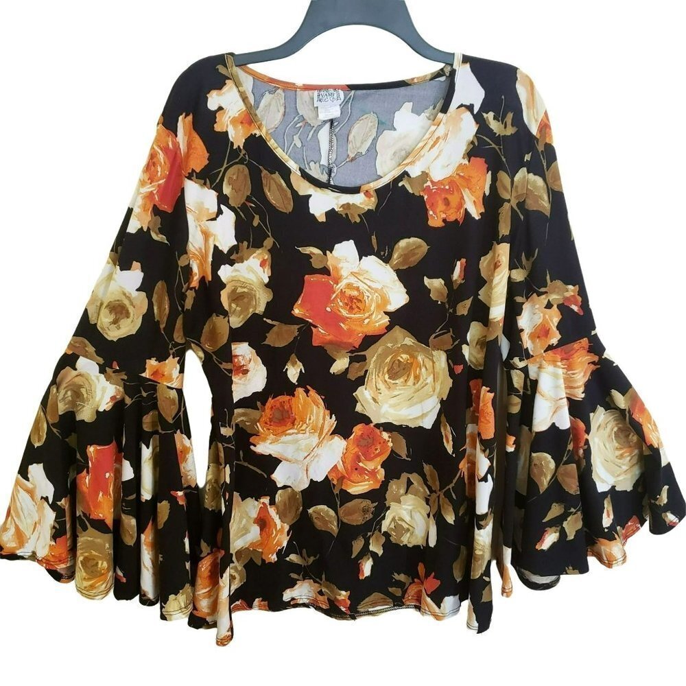 VTG Floral Bouse Bell Sleeves Black Roses Sz xl  90s Boho Goth Hippie Vamp
